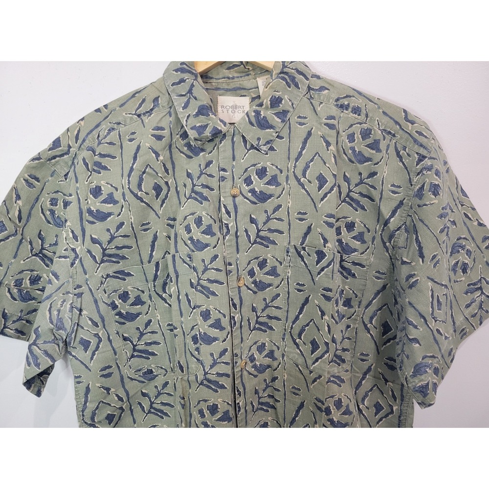 Robert Stock‎ Mens Green Blue Leaf Print Short Sleeve Button Up Shirt Size M - Picture 2 of 6